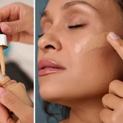 Bielenda Skin Perfection: aplikacja podkładu z pipetką i rozprowadzanie go palcem na twarzy dla idealnego krycia.