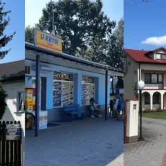 Trzy ujęcia: biały dom z drzewami, niebieski sklep "U Krysi" z szyldem "Jeruzal atrakcje", jasny budynek z czerwonym dachem.