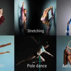Kobiety wykonujące różne figury gimnastyczne: exotic pole, stretching, aerial silks, aerial 4 kids, pole dance, aerial hoop.