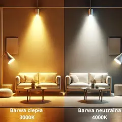 Porównanie barw światła: ciepła 3000K tworzy przytulną atmosferę, neutralna 4000K jest jaśniejsza.