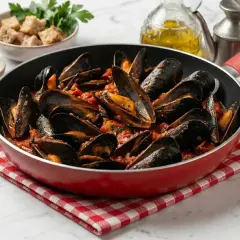 Herzhafte Muscheln in Tomatensauce, serviert in einer roten Pfanne auf kariertem Tuch. Daneben Croutons, Salz und Olivenöl.