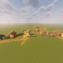 Wioska w Minecraft z drewnianymi domkami i polami uprawnymi. W tle widać wzgórza i wodę. To wszystko dzięki modowi ferrite core.