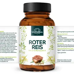 Flasche mit Roter Reis Kapseln, Nahrungsergänzungsmittel mit Monacolin aus Rotem Reis. 120 Kapseln, 28g.