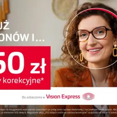 Vision Express: ile lat, tyle zniżki! 250 zł na okulary korekcyjne przy zakupie kompletu. Uśmiechnięta kobieta w okularach.