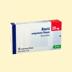 Opakowanie leku Atoris 20 mg, zawierające atorwastatynę, stosowanego jako leki na cholesterol.