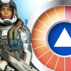 Astronautin mit Waffe, daneben ein Farbrad mit einem weißen Dreieck auf blauem Grund. Starfield News.