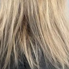 Nahaufnahme von schlecht blondierten Haaren mit ungleichmäßigen Blondtönen und sichtbaren Ansätzen.