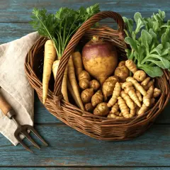 Panier rempli de légumes racines, dont des panais, des topinambours et un rutabaga, rappelant les légumes rares oubliés. Une fourche à main repose sur une serviette à côté.