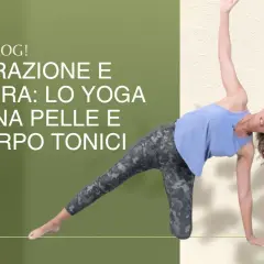 Donna in posa yoga, con enfasi su postura e respirazione per un corpo tonico.