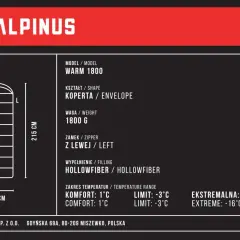 Śpiwór Alpinus Warm 1800, kształt koperty, 215 cm długości. Zakres temperatur komfortu: 1°C. Idealny na chłodne noce.