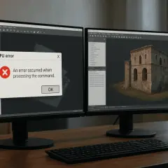 Zwei Monitore zeigen 3D-Modelle. Ein Fenster meldet einen "GPU error", was auf einen Treiber-Timeout bei AMD hindeuten könnte.