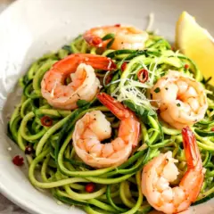 Deliciosos espaguetis de calabacín con gambas, perfectos para cenas saludables y ligeras. Un toque de limón realza su frescura.