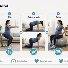 Rutina en casa: marcha suave, sentadillas, gato-camello, pelvis y respiración. Ejercicios para embarazadas de baja intensidad.