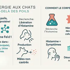 L'allergie aux chats est causée par la protéine Fel d 1, présente dans la salive, les squames, l'urine et les larmes. Elle déclenche la libération d'histamine, provoquant des symptômes. Le pollen de chat peut aussi être un déclencheur.