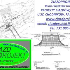 Projekt zjazdu z drogi powiatowej, z detalami technicznymi i przekrojami. Logo firmy Zjazdprojekt.
