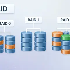 Darstellung verschiedener RAID-Level: RAID 0 (zwei Stapel), RAID 1 (zwei Stapel) und RAID 5 (drei Stapel, einer grün).