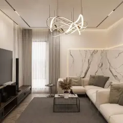 Nowoczesne oświetlenie do salonu: designerska lampa wisząca, kinkiety i taśmy LED tworzą przytulną atmosferę.