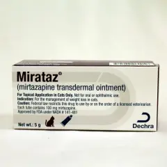 Opakowanie Mirataz, maści z mirtazapiną dla kotów, pomagającej w leczeniu utraty wagi.
