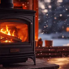 Poêle à bois crépitant, diffusant une douce chaleur. La ventilation assure une bonne circulation de l'air chaud, créant une ambiance cosy face à la neige qui tombe.