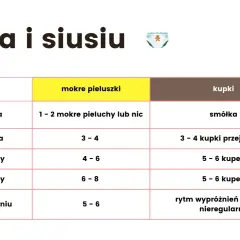 Tabela "Kupka i siusiu" pokazuje, co można jeść karmiąc piersią, analizując kupki i pieluszki niemowlaka w pierwszych tygodniach życia.
