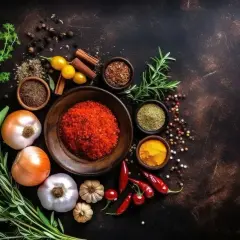 Składniki do pikantnego sosu seczuańskiego: papryczki chili, cebula, czosnek, zioła i przyprawy.