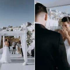 Wzruszona panna młoda podczas ślubu za granicą. Ceremonia odbywa się na tarasie z widokiem na białe domy.