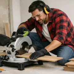 Homme en chemise à carreaux, lunettes et casque, effectuant une découpe parquet avec une scie circulaire.