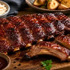 Côte à l'os marinée, brillante et caramélisée, servie avec des pommes de terre rôties et une salade de chou. Un délice à savourer !