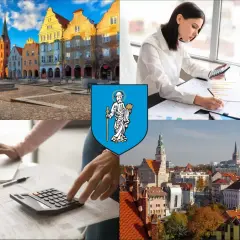 Kolaż: Stare Miasto w Olsztynie, herb miasta, kobiety pracujące z kalkulatorem i laptopem, panorama Olsztyna.