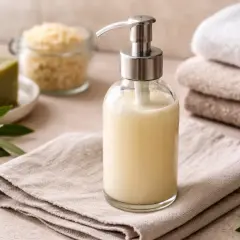 Sapone di Marsiglia liquido in dispenser, ideale per pulire casa con ingredienti naturali. Accanto, una saponetta verde e soffici asciugamani.