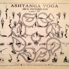El cartel muestra las posturas de **ashtanga yoga que es** una secuencia de posturas físicas, respiración y meditación.
