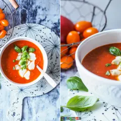 Aksamitna zupa krem z pomidorów z puszki, udekorowana świeżą bazylią i kawałkami mozzarelli. Obok koszyk z dojrzałymi pomidorami.