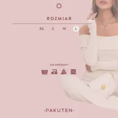 Kobieta w kremowym komplecie, rozmiar L. Obok ikony prania i prasowania.