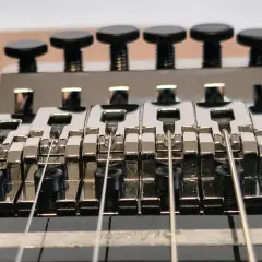Gros plan sur le chevalet d'une guitare électrique, avec le bras de trémolo visible. Les six pontets chromés sont alignés, prêts à produire des notes vibrantes grâce au système de tremolo.