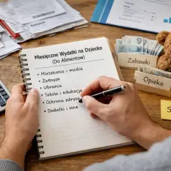 Zestawienie wydatków na dziecko wzór: lista obejmuje mieszkanie, żywność, ubrania, szkołę, opiekę i dodatki. Obok notatnika leży kalkulator i pieniądze.
