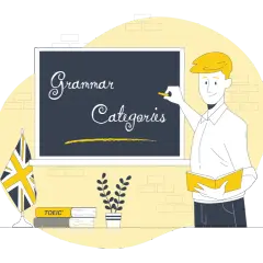 Un insegnante scrive "Grammar Categories" su una lavagna. Accanto, una bandiera britannica e libri, tra cui uno con la scritta "TOEIC". Utile per studiare le preposizioni in inglese.
