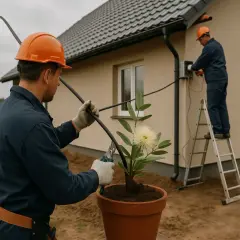 Dwóch elektryków w kaskach pracuje przy przyłączu elektrycznym domu. Jeden na drabinie, drugi przy kablu.