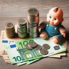 Lalka obok stosów monet i banknotów symbolizuje pytanie: jakie alimenty przy zarobkach 5000?