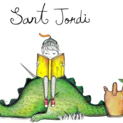 Un caballero con armadura lee un libro sentado sobre un dragón verde. A su lado, una rosa roja brota de una vasija. Un tierno sant jordi dibujo.