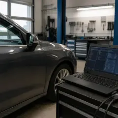 Diagnostyka komputerowa samochodu, na ekranie laptopa widoczna kontrolka ESP i schemat układu.