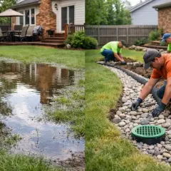 Before and after: a flooded yard is transformed by workers installing a drainage system, solving the ponding problem.