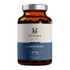 Szklana butelka suplementu diety L-Arginina 1200 mg od Vitama Nature.