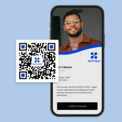 Digital business card examples: A QR code and smartphone display a digital business card for Joe Tribanni, Founder & CEO of DOTS TECH.