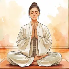 Donna in meditazione, con le mani giunte, vestita di bianco, evoca la pace del Tao Te Ching.