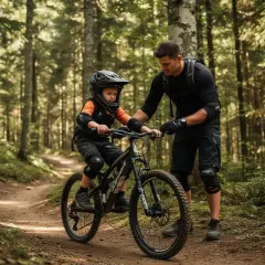 Ojciec uczy syna jazdy na rowerze po leśnych trasach. Dziecko w kasku i ochraniaczach, z pomocą taty, odkrywa uroki tras rowerowych dla dzieci.