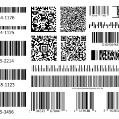 Różnorodne kody kreskowe i QR, w tym przykładowy numer GTIN.