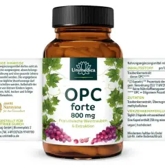 Flasche OPC forte 800 mg mit Weintraubenextrakt. Einnahme: 2 Kapseln täglich mit Flüssigkeit. OPC einnahme morgens oder abends möglich.