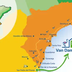 Mapa de la costa blanca, mostrando Denia, Calpe, Benidorm, Alicante, Elche, Torrevieja y otras localidades.