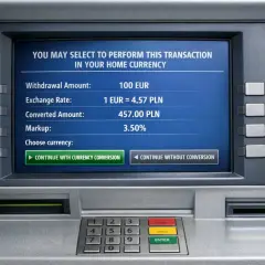 Bankomat wyświetla opcję konwersji waluty przy wypłacie 100 EUR. Karta kredytowa za granicą może generować dodatkowe koszty.