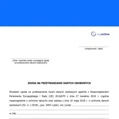 Formularz zgody na przetwarzanie danych osobowych, zawierający pole na imię i nazwisko, miejscowość i datę.